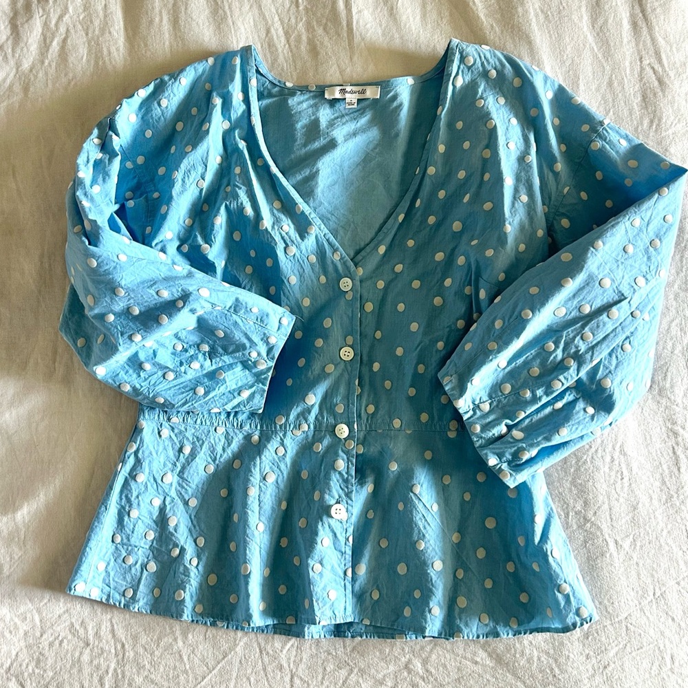 Madewell Light Blue Polka Dot Peplum Button-Front Top